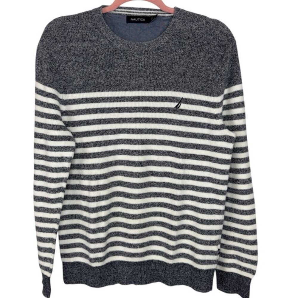 Nautica Blue & white stripped crewneck sweater Embroidered logo Size Medium